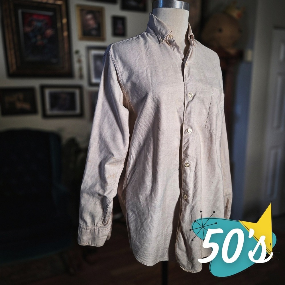 Vintage 50s De Luxe Cranbrook Mens Long Sleeve Button Down‎ Khaki Shirt